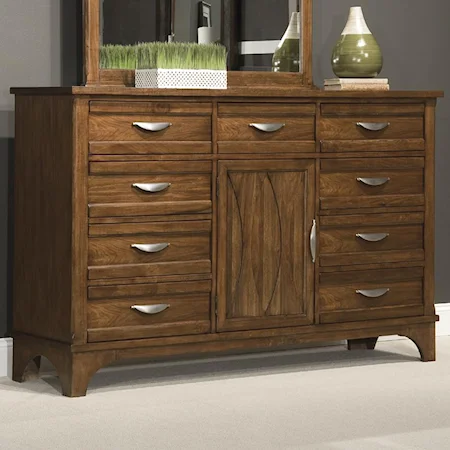 Dresser with 9 Drawers and 1 Door in Walnut Finish